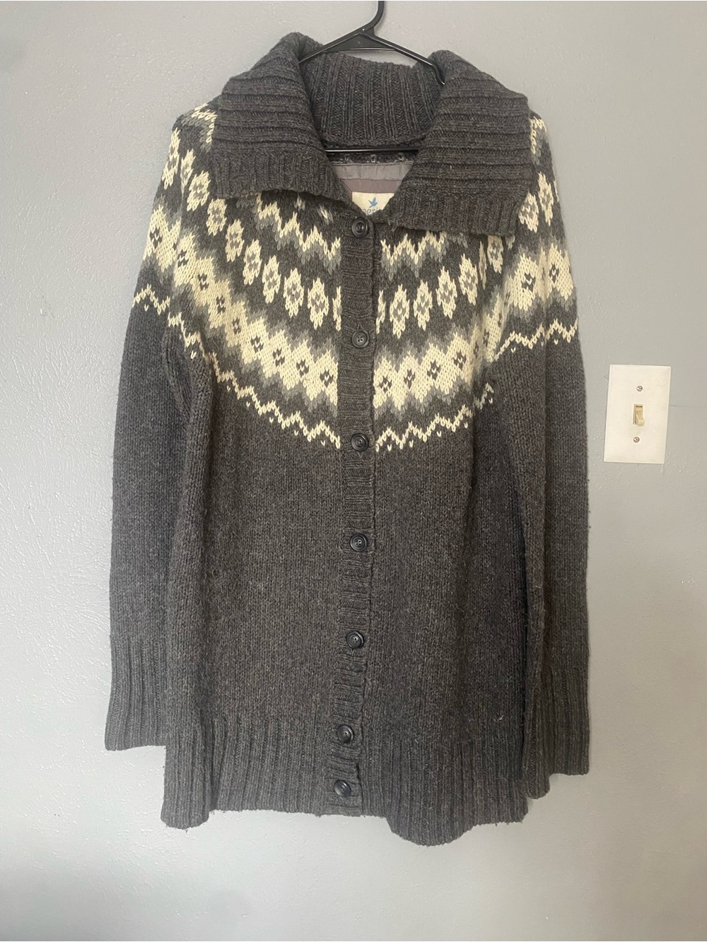 aerie Charcoal Gray Cardigan with Cream Fair Isle Yoke XL